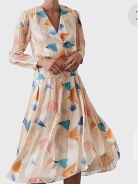 REISS Melody Balance Print Burn Midi Dress 97% SILK US size 12 NWT